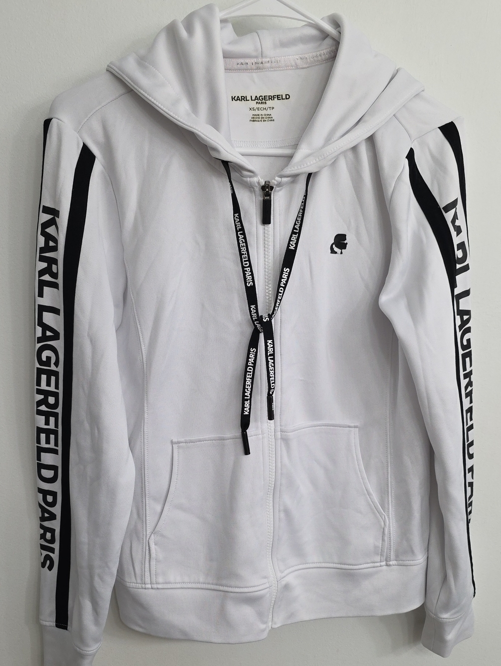Karl Lagerfeld White Hoodie with Black Logo Stripes - XS
